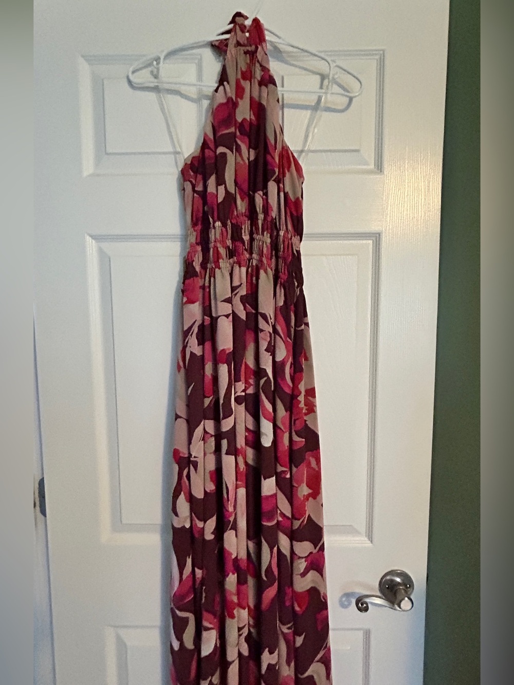 Halter Maxi Dress in Neutral, Pink & Burgundy Floral Print